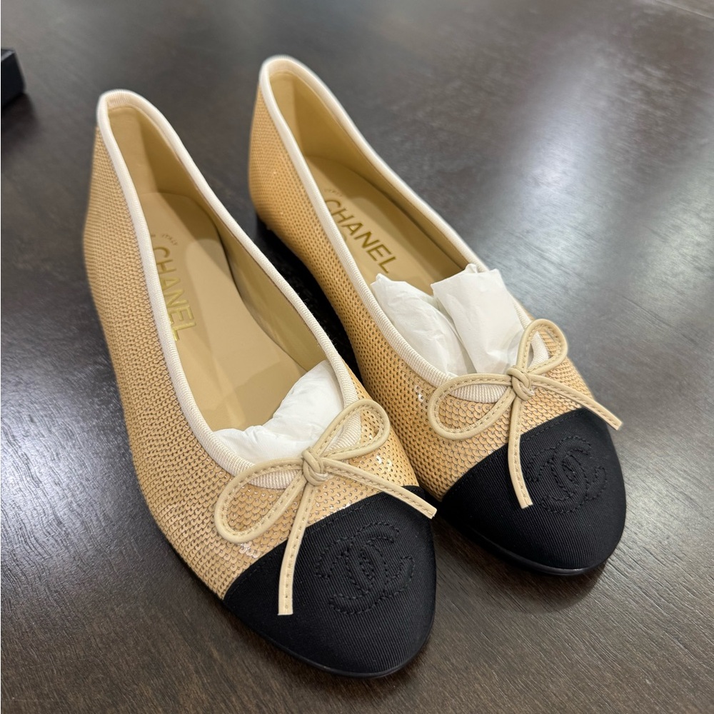 CHANEL sparkly beige and Black toe Ballet Flats with Bow Detail